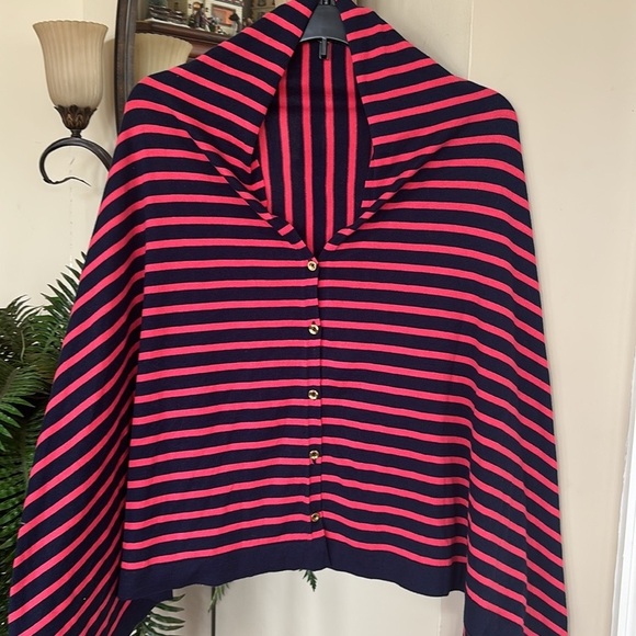 Lilly Pulitzer Red & Blue Striped Button Down Poncho Cape Cardigan Shrug - Picture 3 of 15